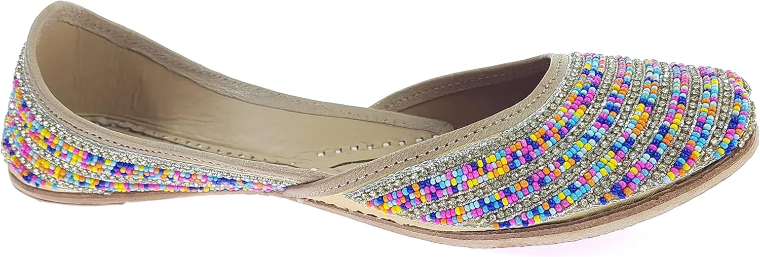Women's Colors Beads Genuine Soft Leather Juttis | Bite and Pinch Free Jutis | Ladies Punjabi Jutti | Wedding Flat Stylish Mojari | Bridal Ethnic Flats For Girls |