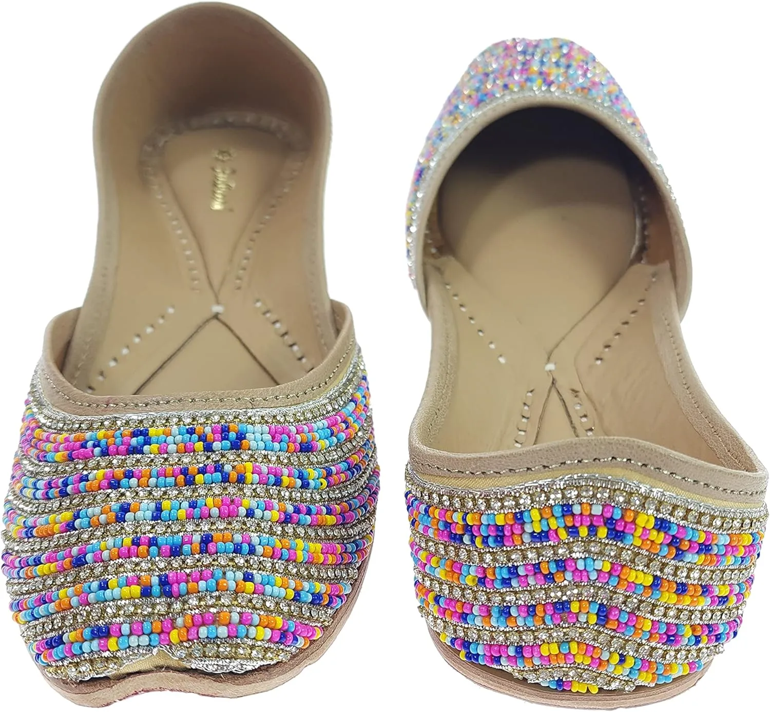 Women's Colors Beads Genuine Soft Leather Juttis | Bite and Pinch Free Jutis | Ladies Punjabi Jutti | Wedding Flat Stylish Mojari | Bridal Ethnic Flats For Girls |