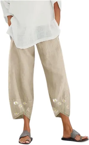 Women's Cotton Linen Capri Pants Casual Cropped Baggy Trousers Comfy Loose Palazzo Lounge Pants with Pockets