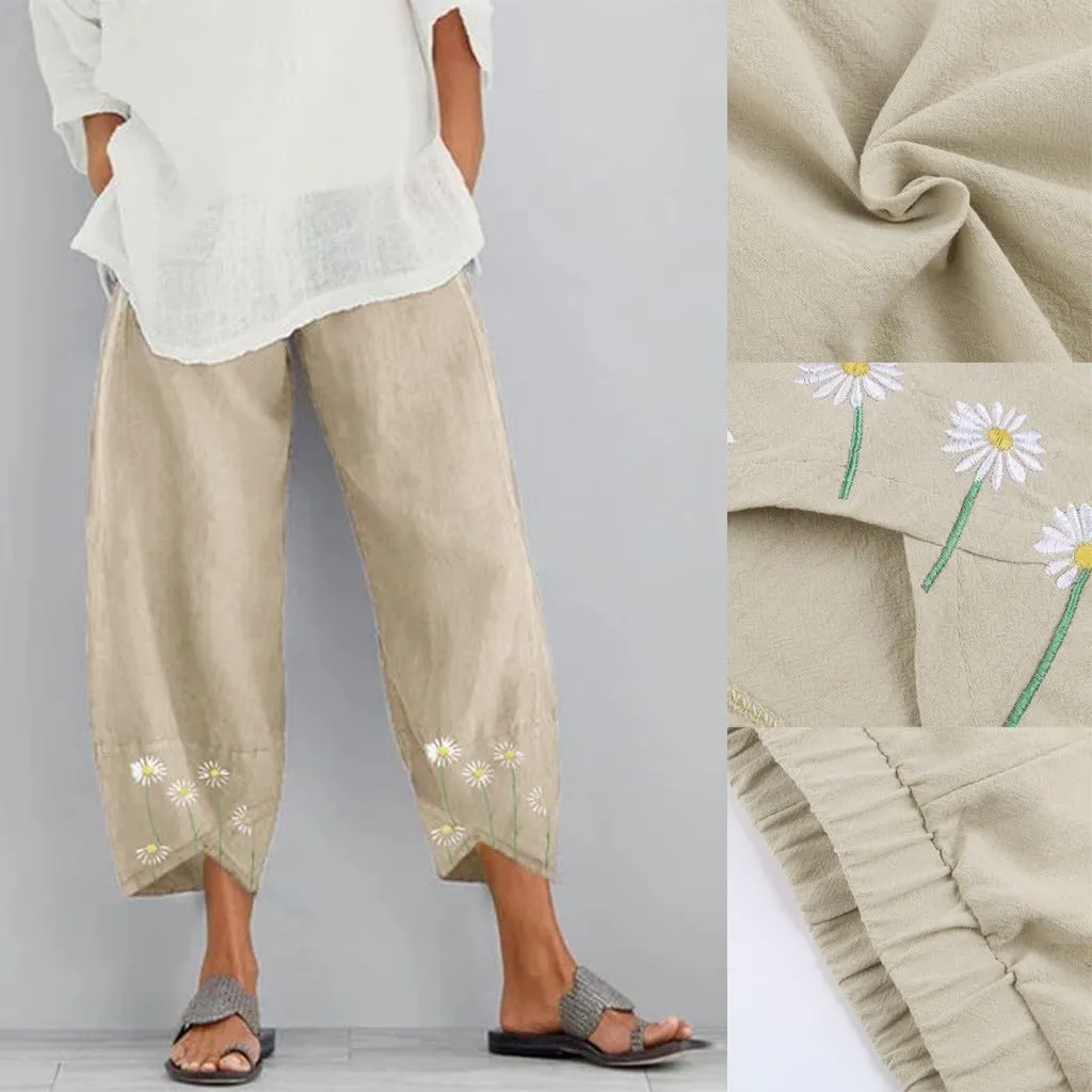Women's Cotton Linen Capri Pants Casual Cropped Baggy Trousers Comfy Loose Palazzo Lounge Pants with Pockets