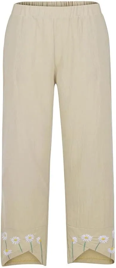 Women's Cotton Linen Capri Pants Casual Cropped Baggy Trousers Comfy Loose Palazzo Lounge Pants with Pockets