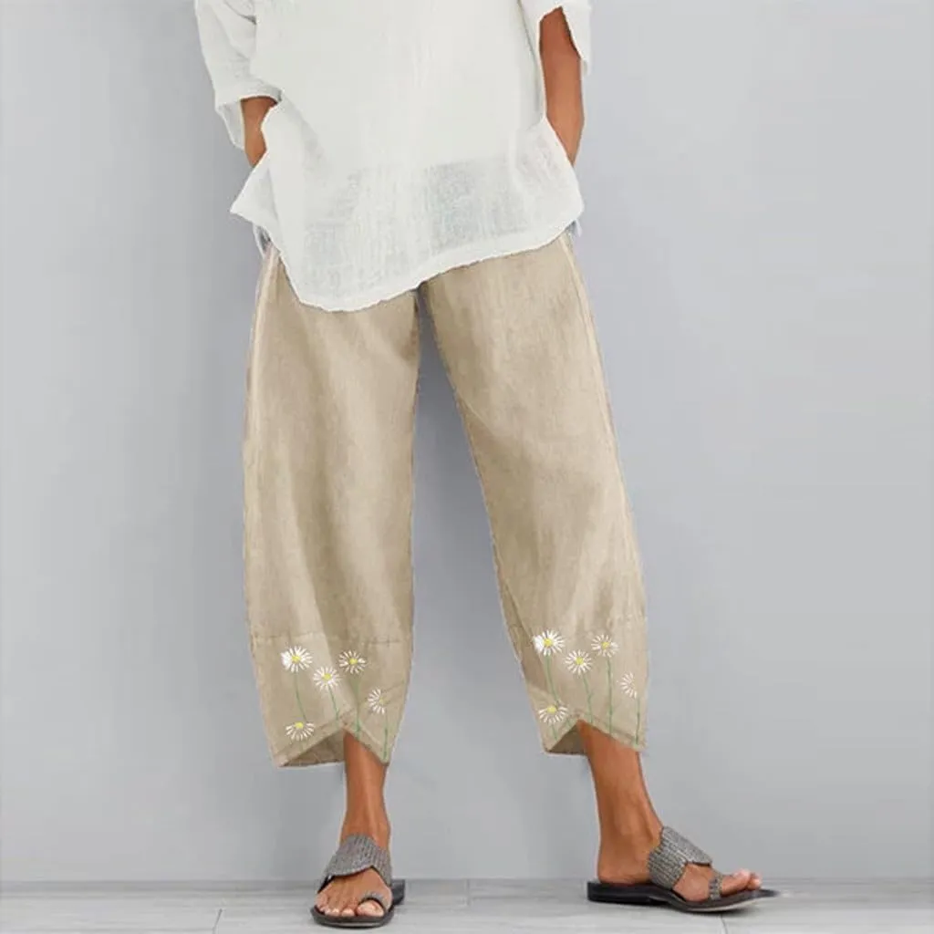 Women's Cotton Linen Capri Pants Casual Cropped Baggy Trousers Comfy Loose Palazzo Lounge Pants with Pockets