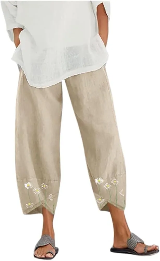 Women's Cotton Linen Capri Pants Casual Cropped Baggy Trousers Comfy Loose Palazzo Lounge Pants with Pockets