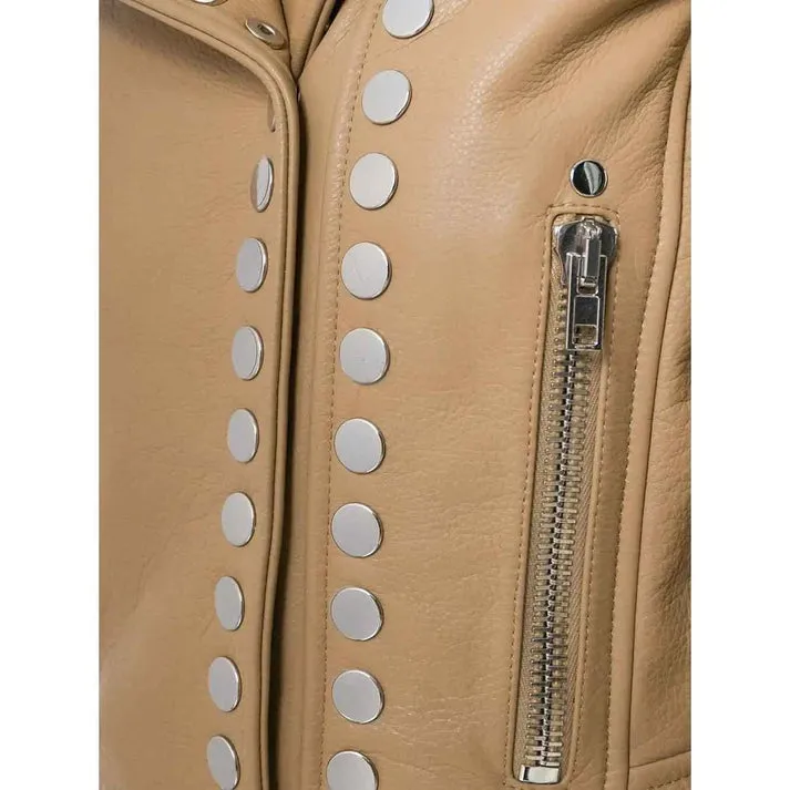 Women's Cropped Studded Leather Jacket In Beige