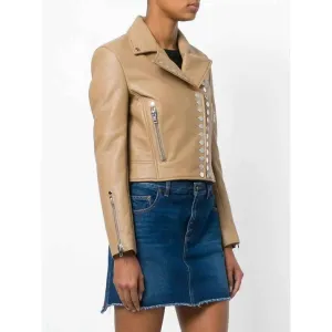 Women's Cropped Studded Leather Jacket In Beige