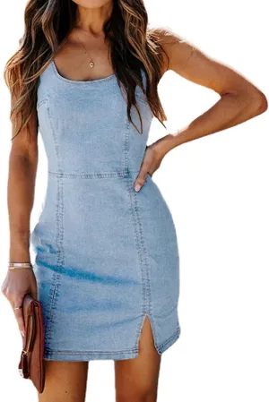 Womens Denim Dress Sexy Sleeveless Split Bodycon Mini Tube Jeans Short Dresses