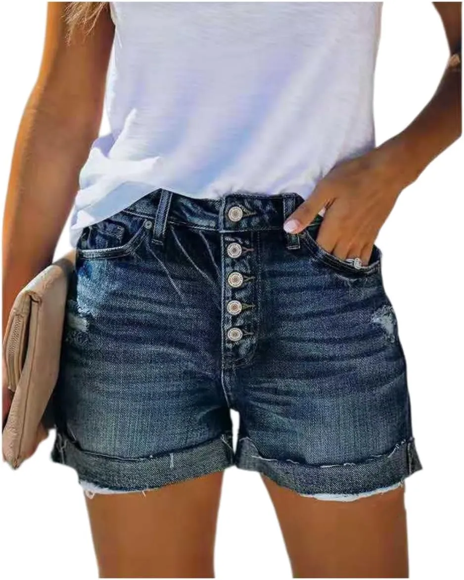 Womens Denim Shorts Mid Rise Ripped Jean Shorts Summer Stretchy Jean Shorts Distressed Rolled Hem Jeans Shorts