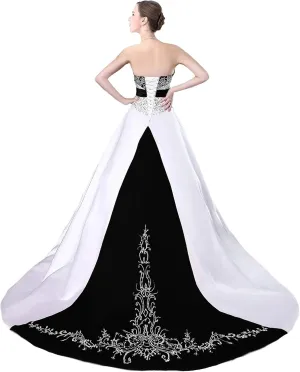 Women's Embroidered Satin Wedding Dresses Vintage A Line Strapless Corset Back Bridal Gowns with Train