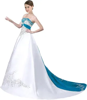 Women's Embroidered Satin Wedding Dresses Vintage A Line Strapless Corset Back Bridal Gowns with Train