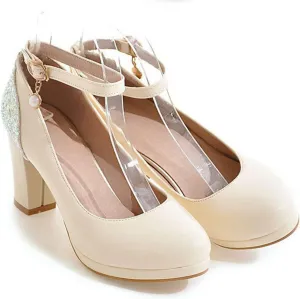 Women's Fashion Ankle Strap Pumps Glitter Sequins Patchwork Chunky High Heel Round Toe Dress Shoes