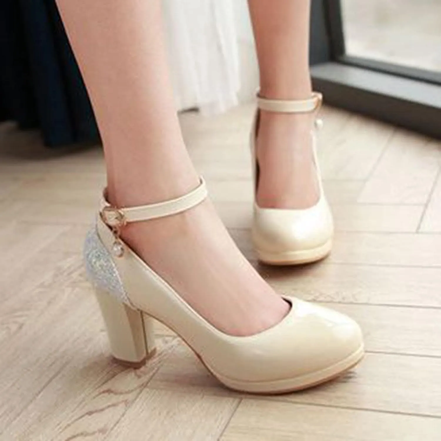 Women's Fashion Ankle Strap Pumps Glitter Sequins Patchwork Chunky High Heel Round Toe Dress Shoes