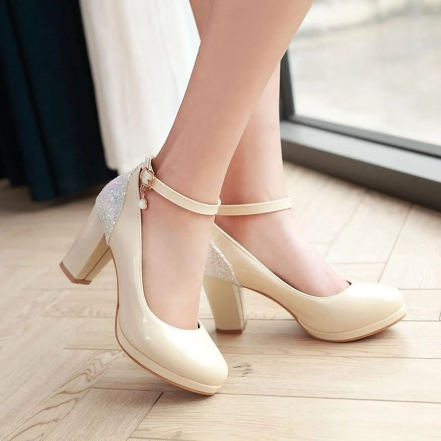 Women's Fashion Ankle Strap Pumps Glitter Sequins Patchwork Chunky High Heel Round Toe Dress Shoes
