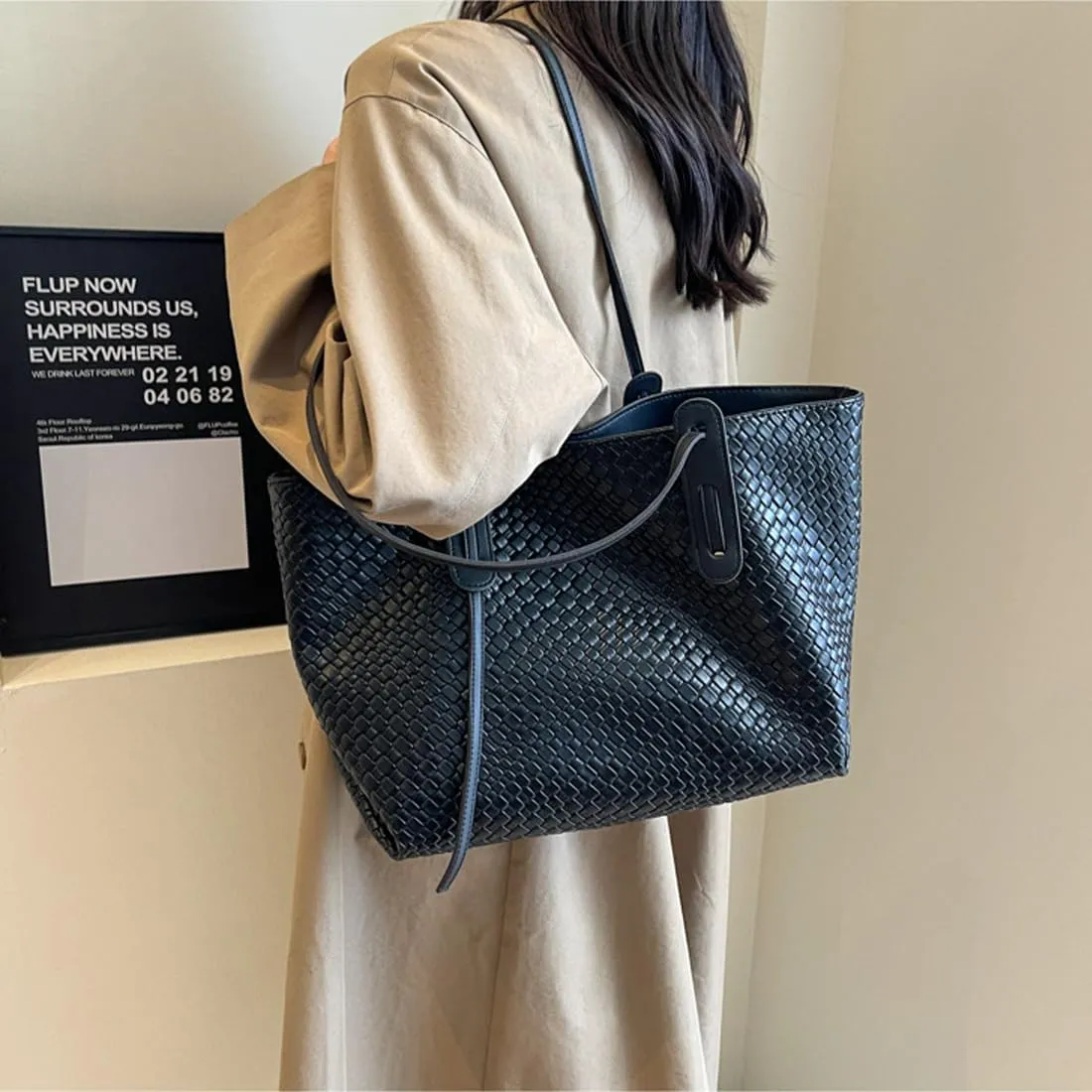 Womens Fashion Luxury Large Leather Woven Leather Tote Handbag Shoulder Bag Women Top Handle Satchel Handbag Work