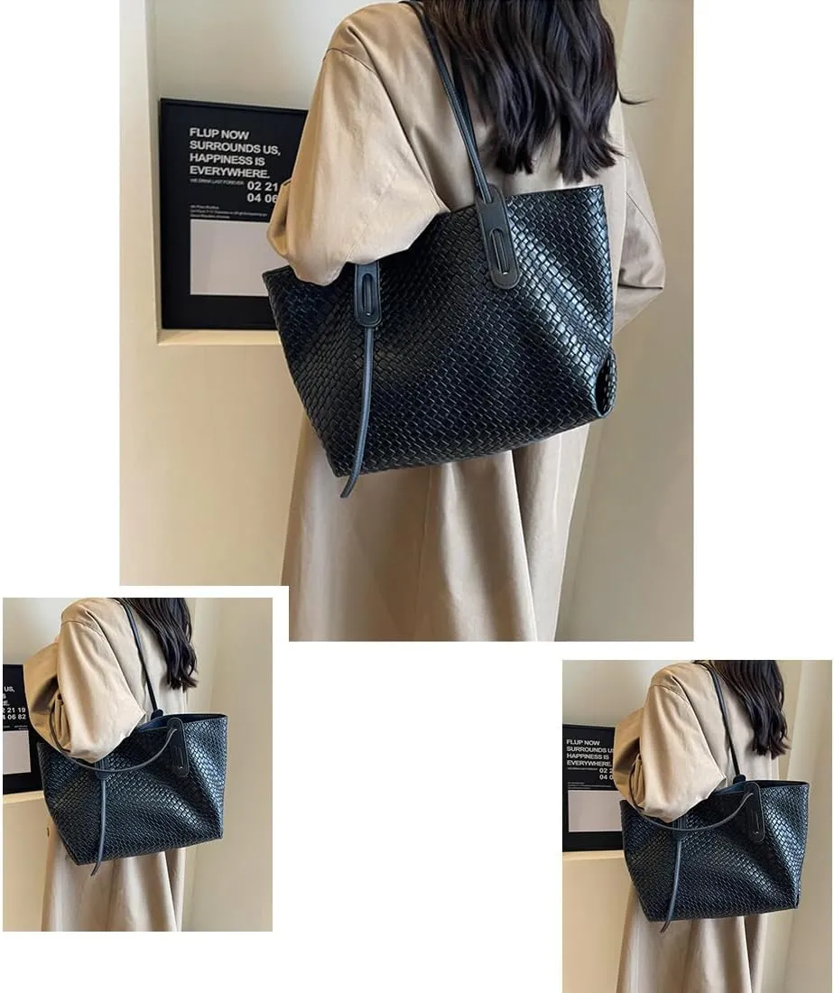 Womens Fashion Luxury Large Leather Woven Leather Tote Handbag Shoulder Bag Women Top Handle Satchel Handbag Work