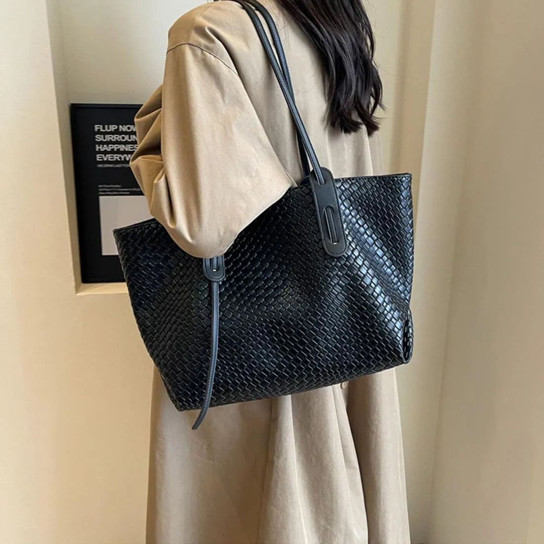 Womens Fashion Luxury Large Leather Woven Leather Tote Handbag Shoulder Bag Women Top Handle Satchel Handbag Work