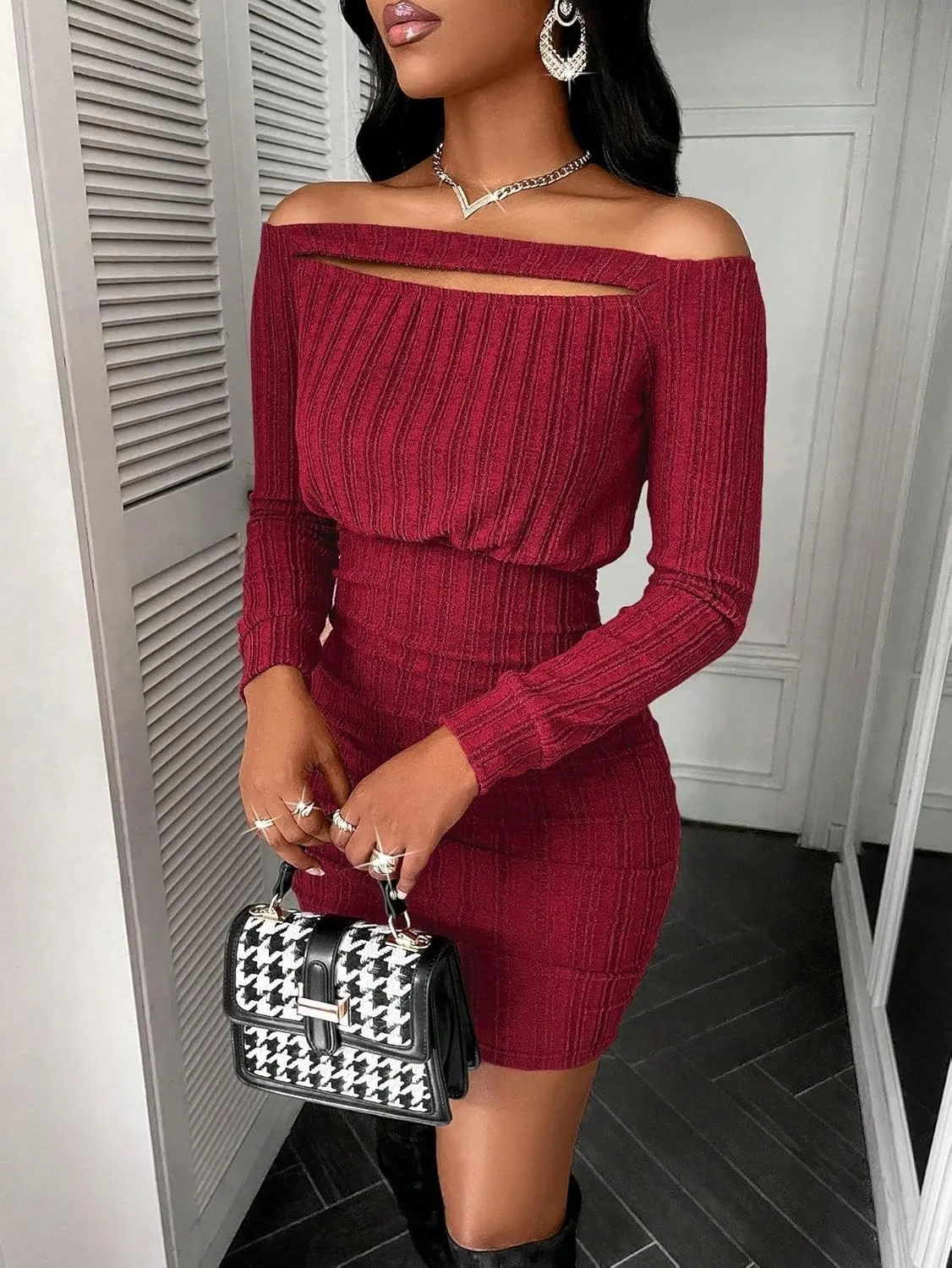 Women's Flowy Mini Dress Plain Off Shoulder Hollow Out Dress