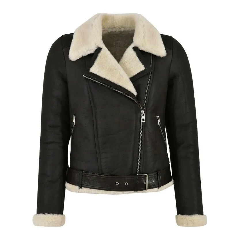 Women's Genuine Leather Faux Fur Shearling Biker Jacket