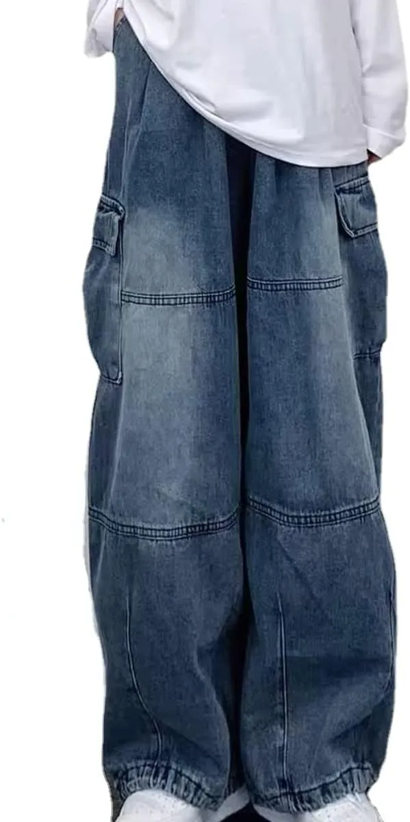 Women's Grunge Baggy Jeans Y2K Wide Leg Cargo Denim Pant Emo Fairycore High Waist Jogger Sweatpants Alt Punk Clothing (Blue,XL)