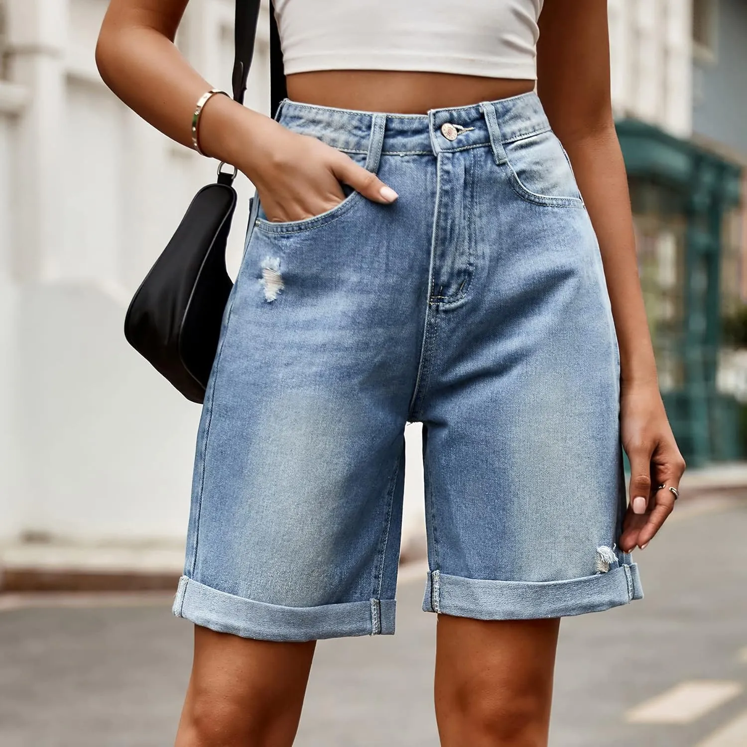 Women's High Waist Long Jean Shorts for Women Girls Denim Shorts Ripped Distressed Jeans Short