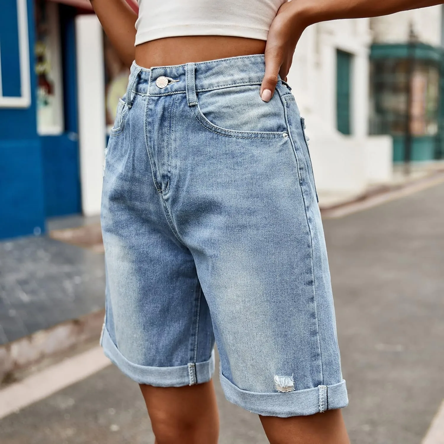 Women's High Waist Long Jean Shorts for Women Girls Denim Shorts Ripped Distressed Jeans Short