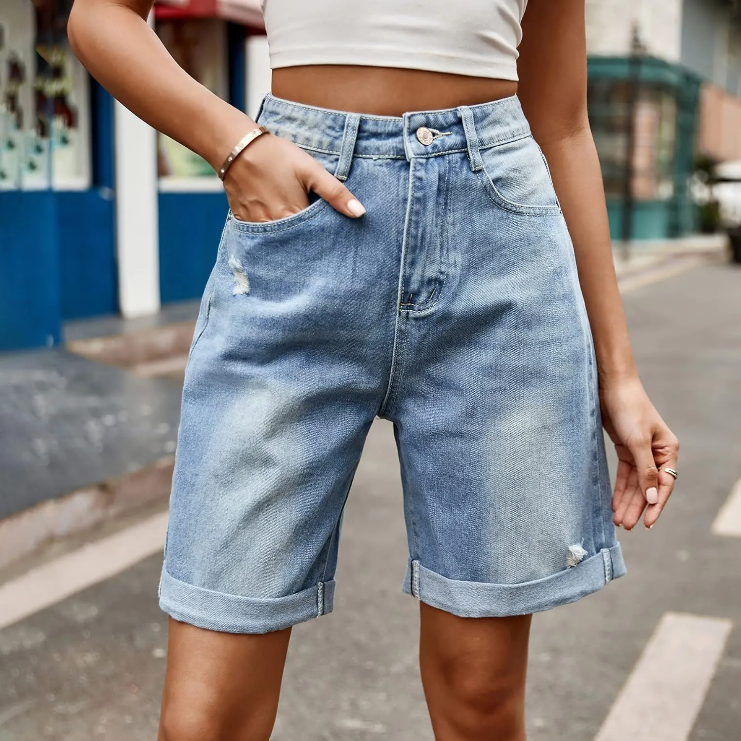 Women's High Waist Long Jean Shorts for Women Girls Denim Shorts Ripped Distressed Jeans Short