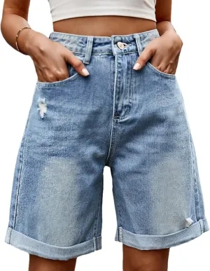 Women's High Waist Long Jean Shorts for Women Girls Denim Shorts Ripped Distressed Jeans Short