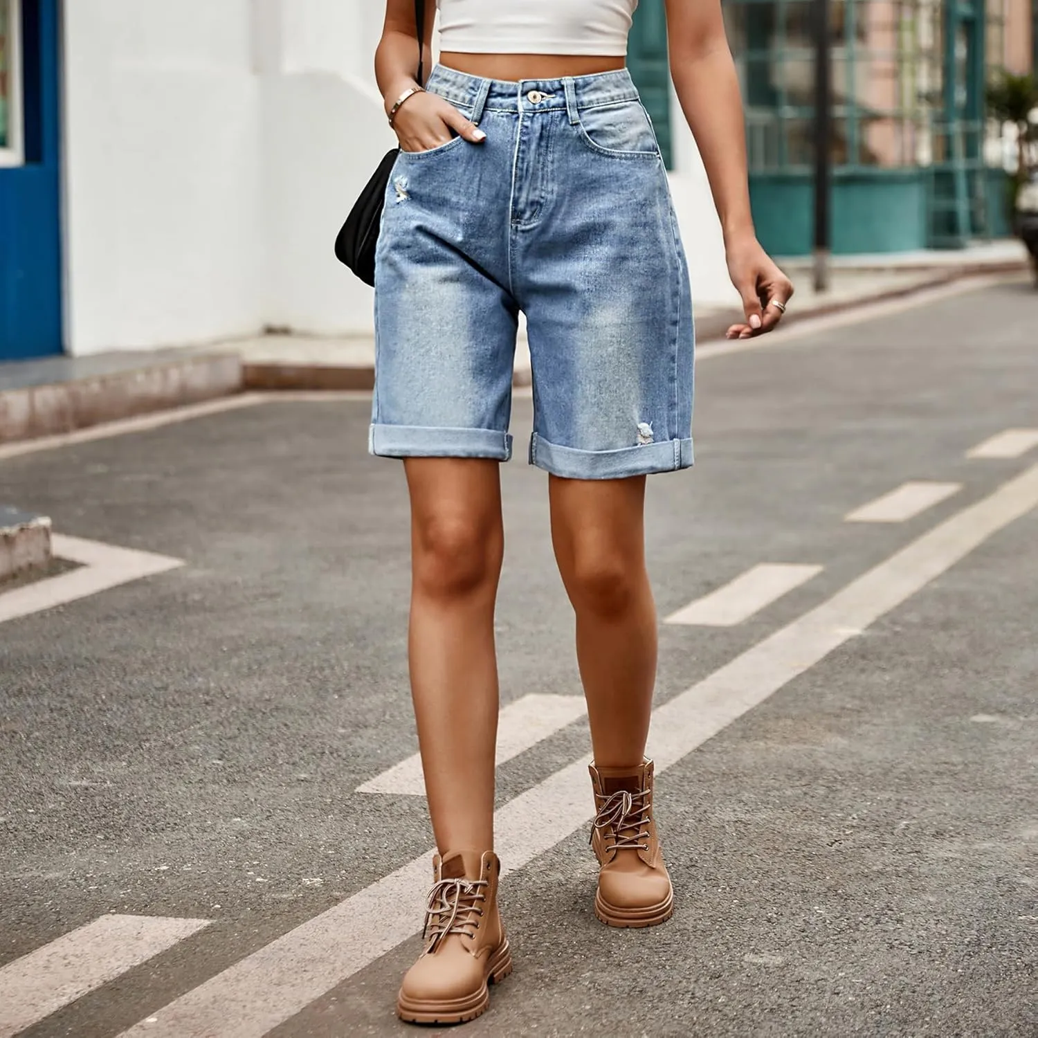 Women's High Waist Long Jean Shorts for Women Girls Denim Shorts Ripped Distressed Jeans Short