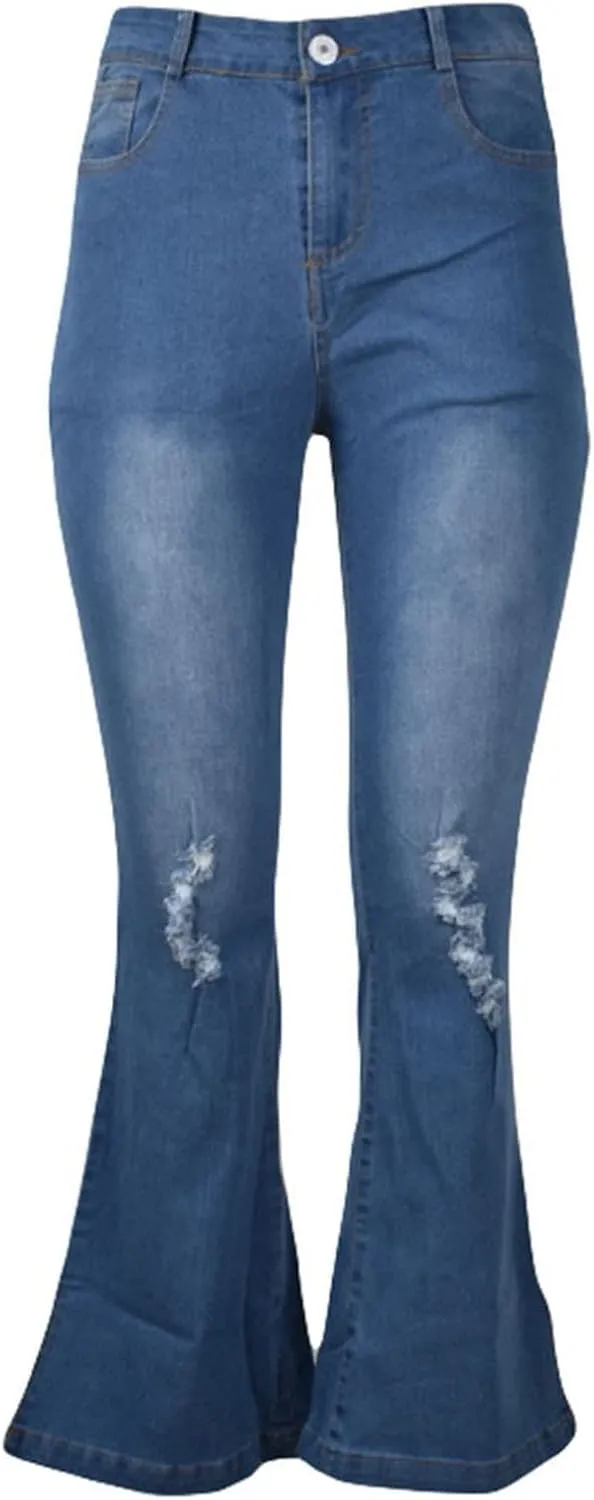 Women's Hight Waist Skinny Jeans Ripped Stretch Flare Jeans Split Hem Wide Leg Pants Distressed Denim Pants