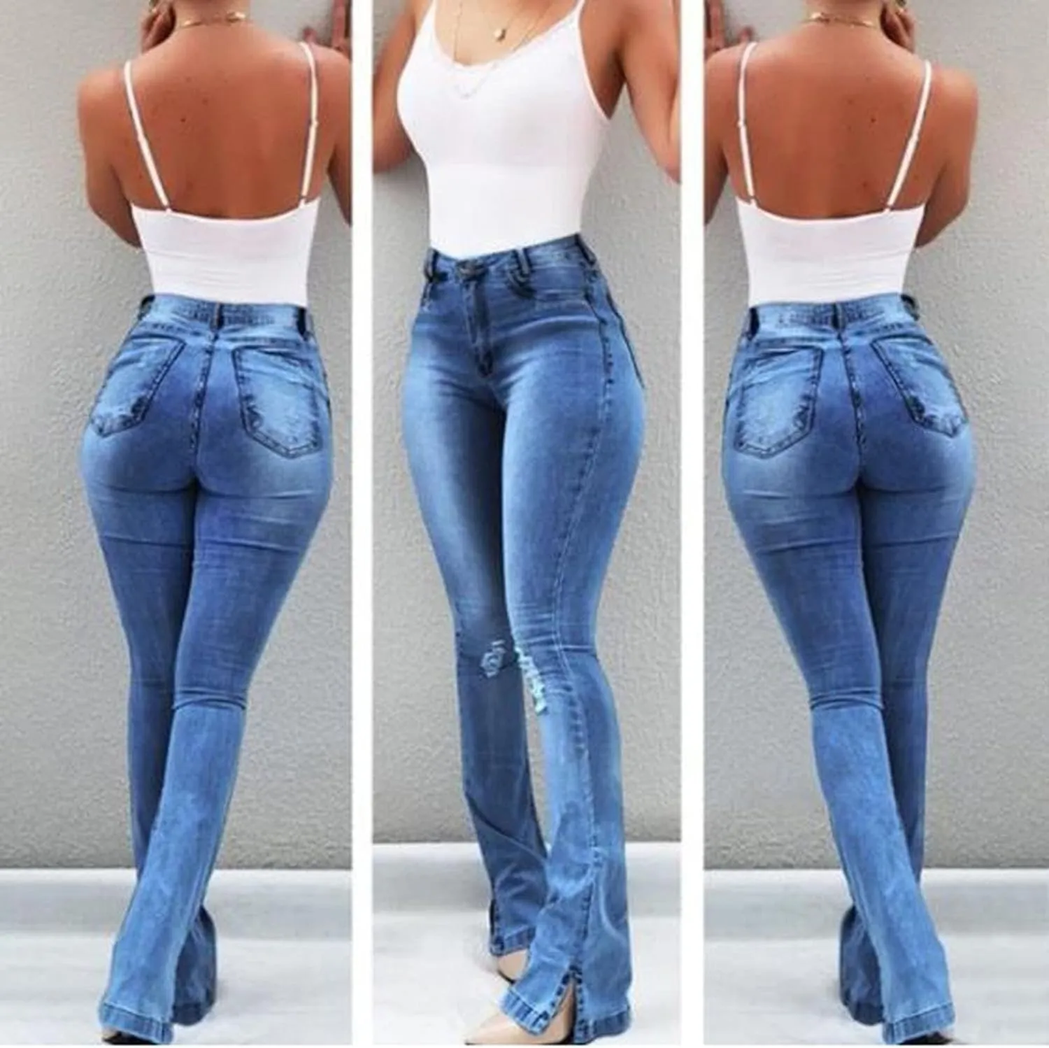 Women's Hight Waist Skinny Jeans Ripped Stretch Flare Jeans Split Hem Wide Leg Pants Distressed Denim Pants