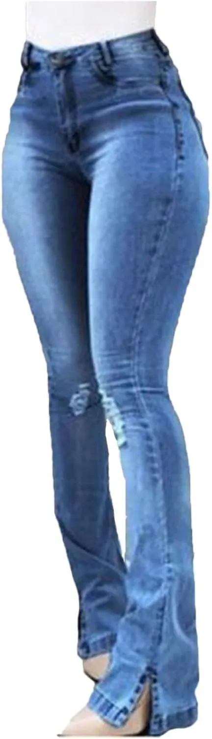 Women's Hight Waist Skinny Jeans Ripped Stretch Flare Jeans Split Hem Wide Leg Pants Distressed Denim Pants