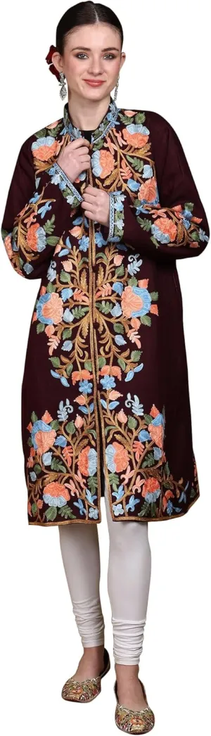 Women's Kashmir Wool Long Jacket with Multicolor Floral Aari Embroidered | Beautiful Flower Embroidery Long Woolen Jacket, Coat For Winter