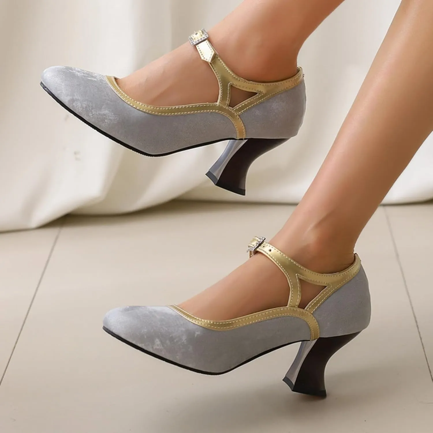Women's Kitten Heels Mary Jane Pumps Round Closed Toe Ankle Strap Buckle Patchwork Classic Vintage Lolita Wedding Dress Shoes