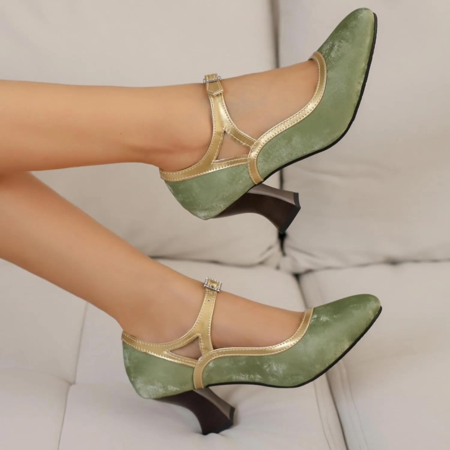 Women's Kitten Heels Mary Jane Pumps Round Closed Toe Ankle Strap Buckle Patchwork Classic Vintage Lolita Wedding Dress Shoes