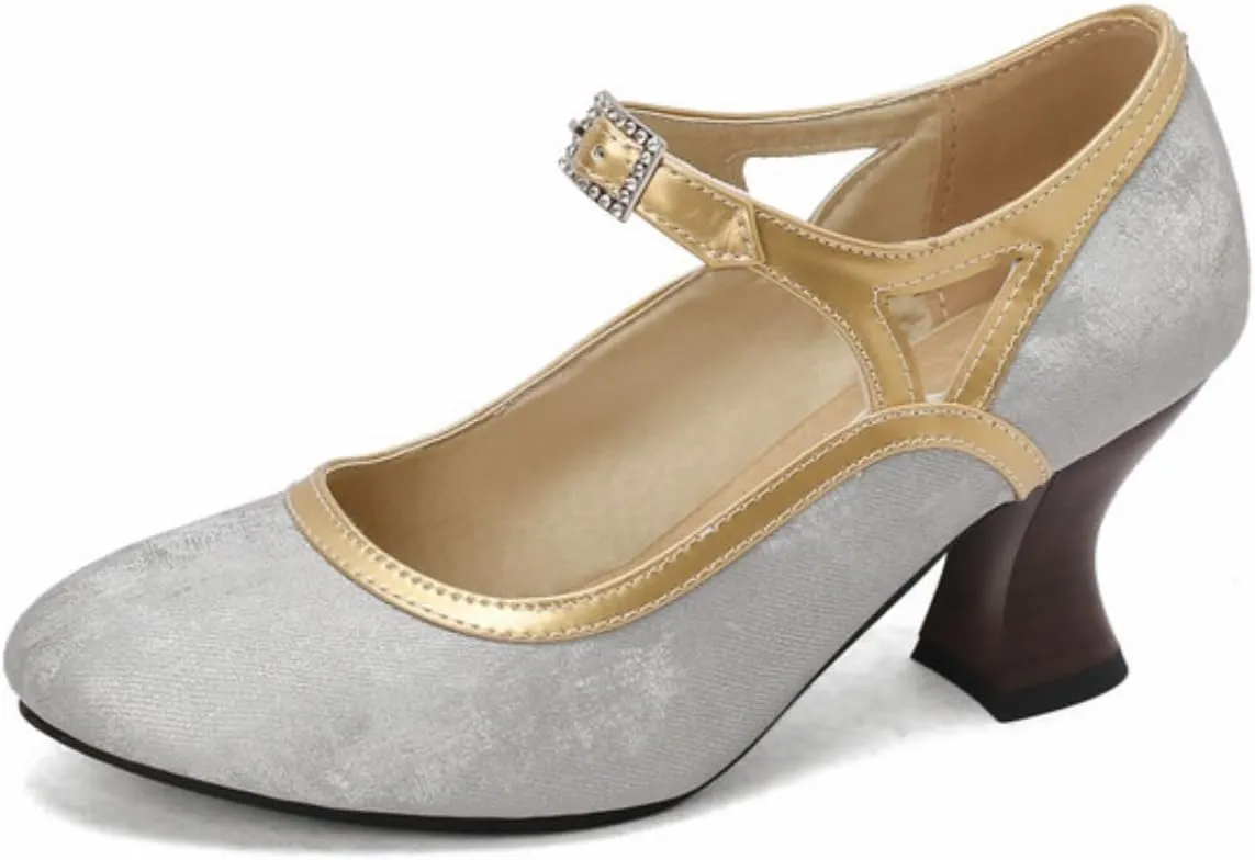 Women's Kitten Heels Mary Jane Pumps Round Closed Toe Ankle Strap Buckle Patchwork Classic Vintage Lolita Wedding Dress Shoes