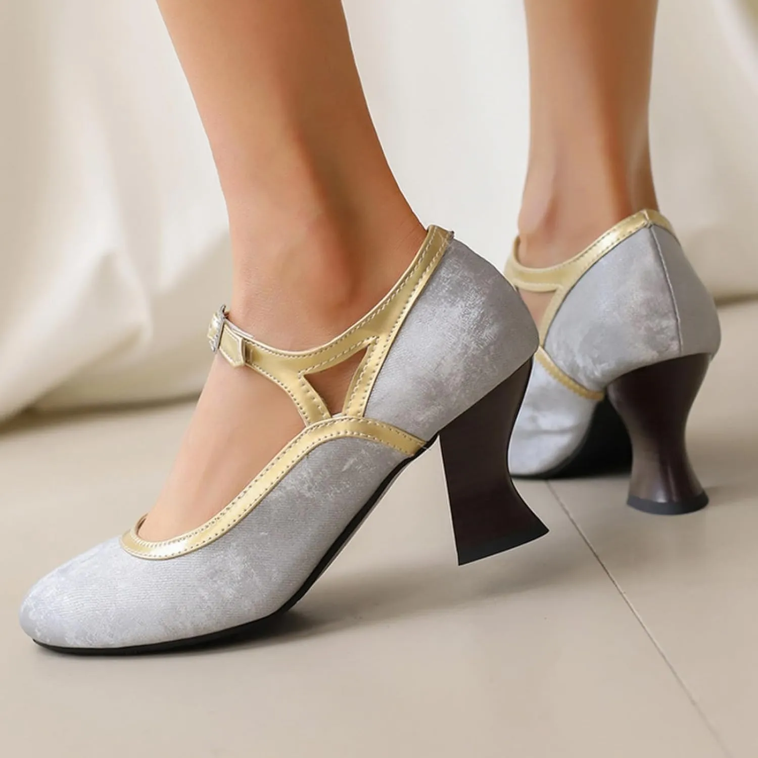 Women's Kitten Heels Mary Jane Pumps Round Closed Toe Ankle Strap Buckle Patchwork Classic Vintage Lolita Wedding Dress Shoes