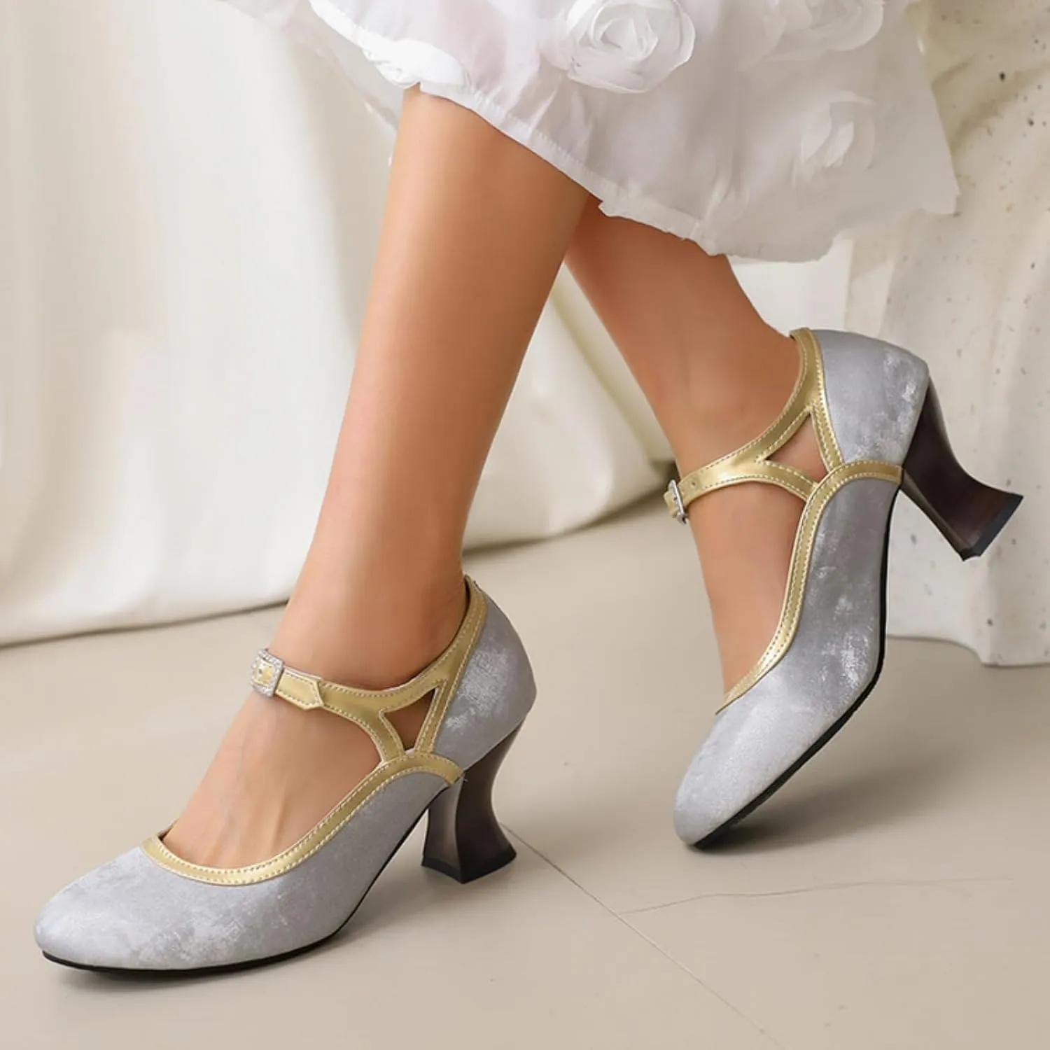 Women's Kitten Heels Mary Jane Pumps Round Closed Toe Ankle Strap Buckle Patchwork Classic Vintage Lolita Wedding Dress Shoes