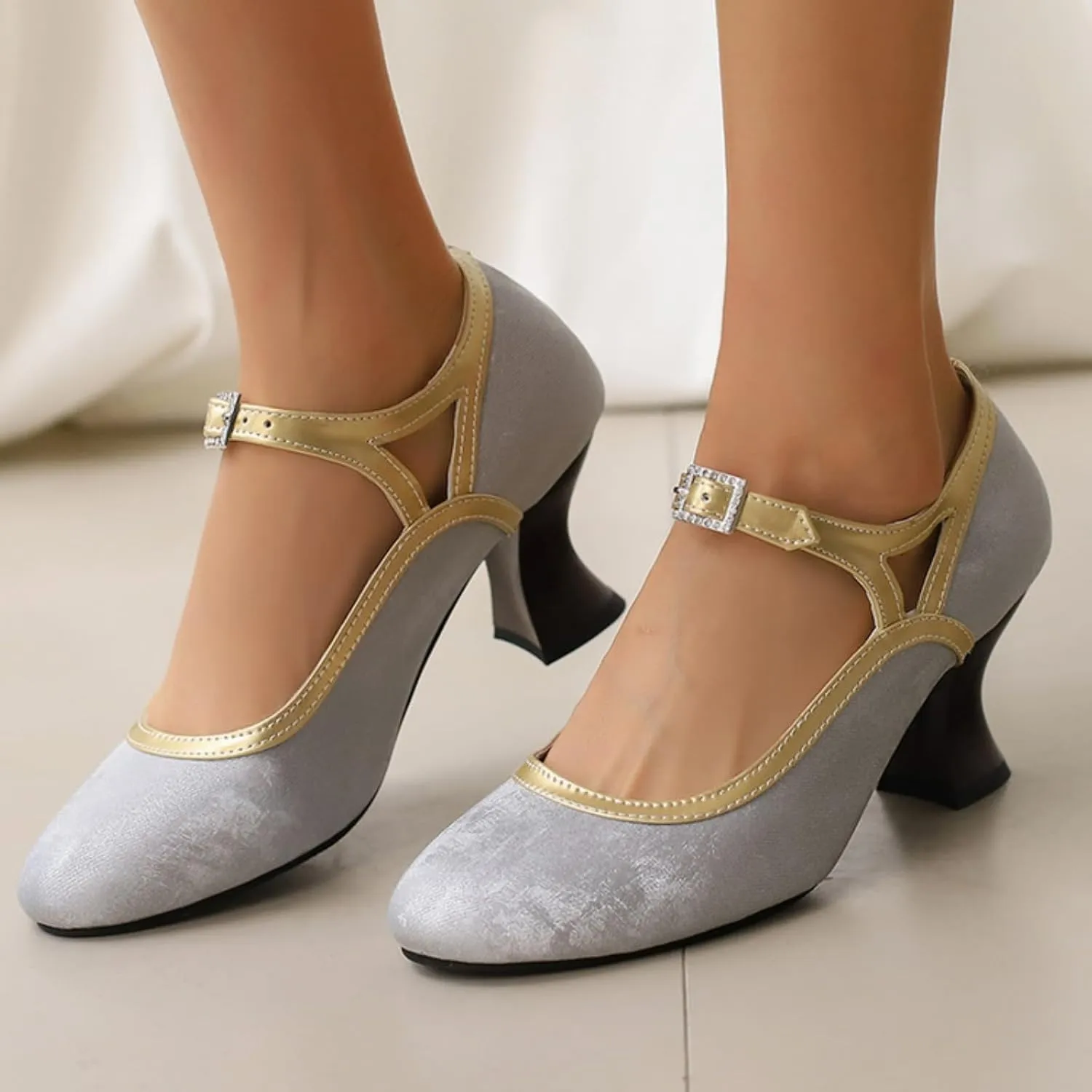 Women's Kitten Heels Mary Jane Pumps Round Closed Toe Ankle Strap Buckle Patchwork Classic Vintage Lolita Wedding Dress Shoes