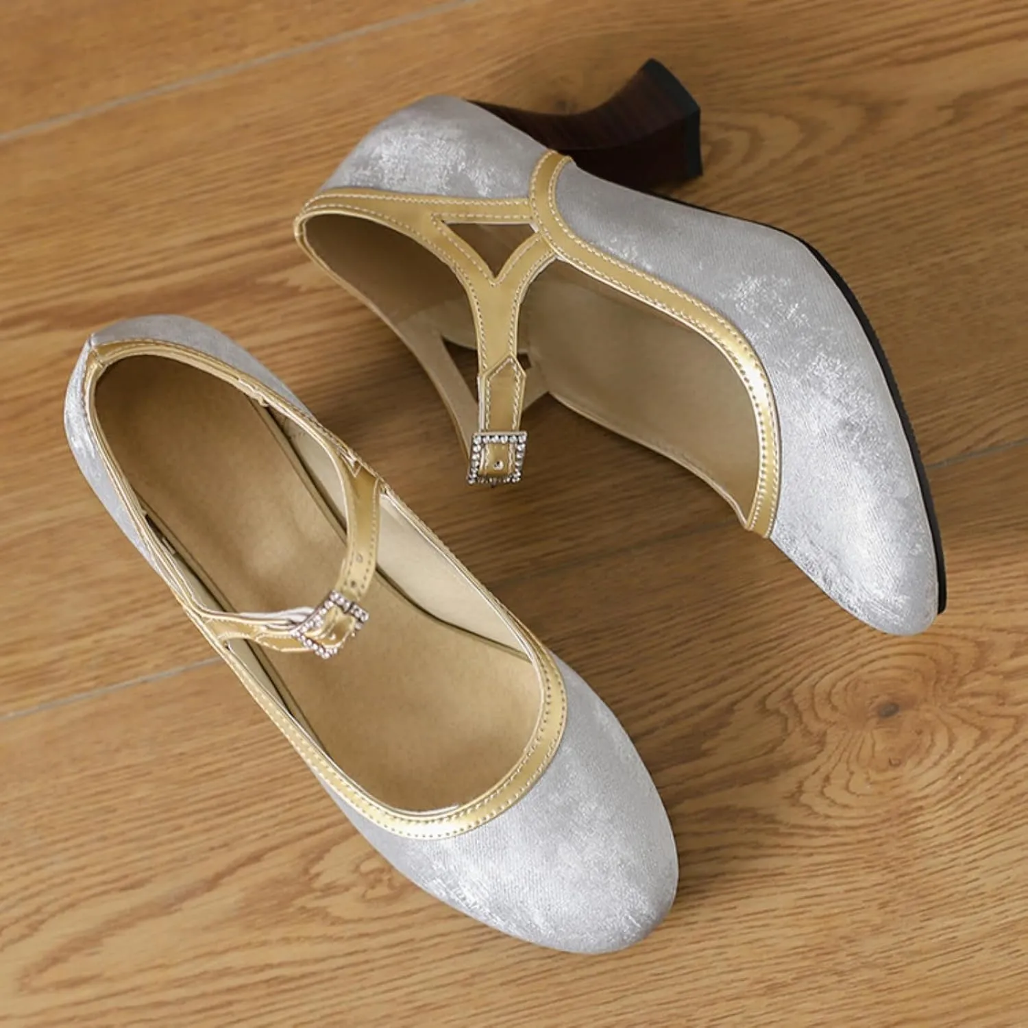 Women's Kitten Heels Mary Jane Pumps Round Closed Toe Ankle Strap Buckle Patchwork Classic Vintage Lolita Wedding Dress Shoes