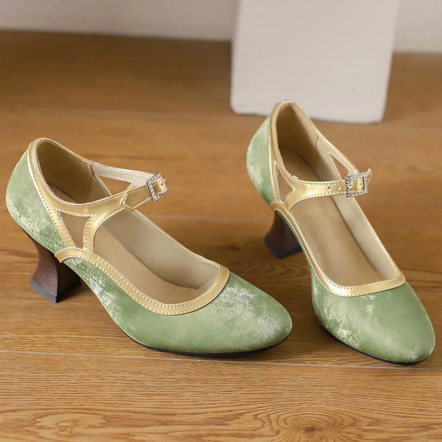 Women's Kitten Heels Mary Jane Pumps Round Closed Toe Ankle Strap Buckle Patchwork Classic Vintage Lolita Wedding Dress Shoes