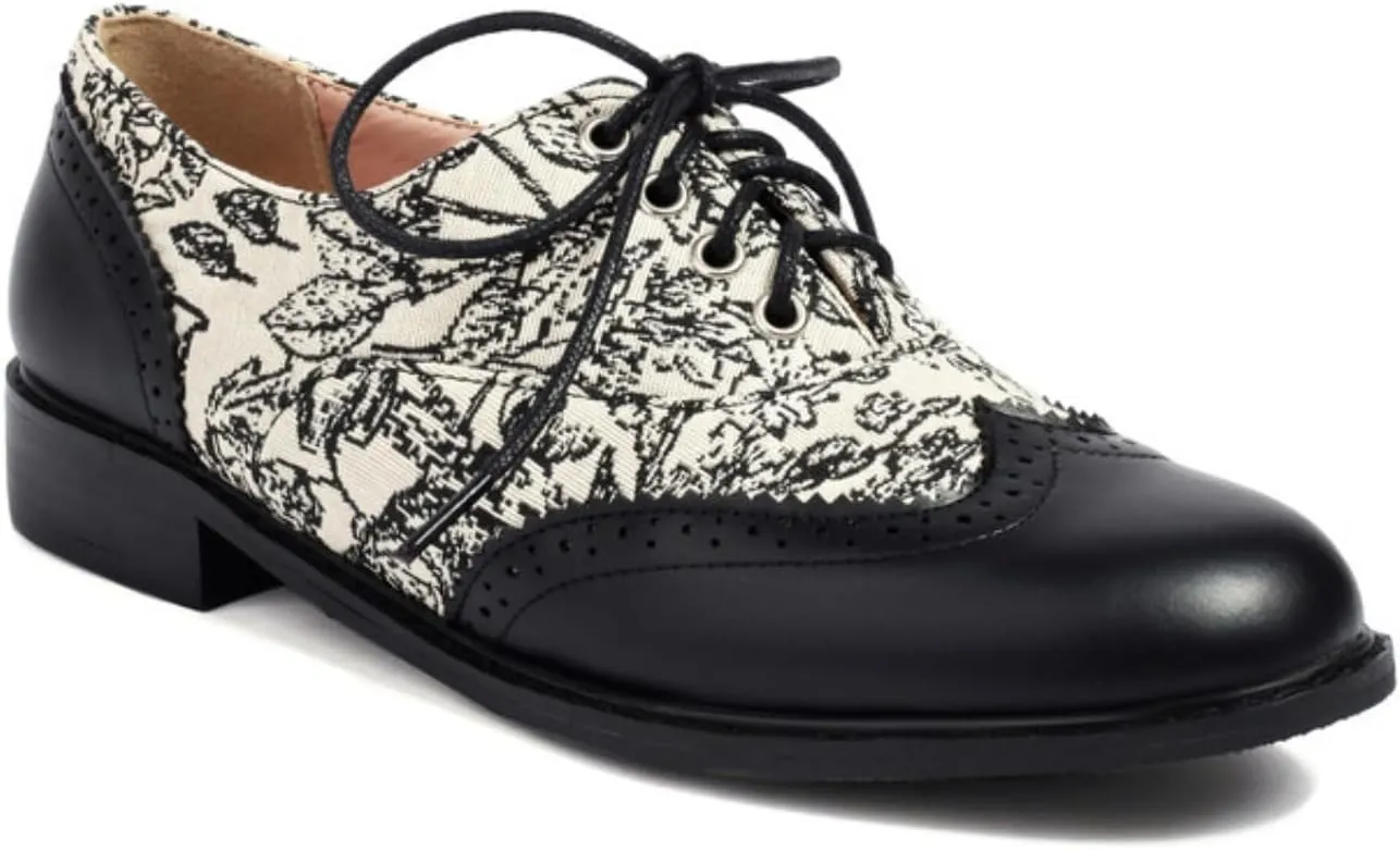 Women's Lace Up Leather Perforated Oxfords Round Toe Patchwork Low Block Chunky Heels Wingtip Brogues Shoes Casual Comfortable Derby Saddle Pumps