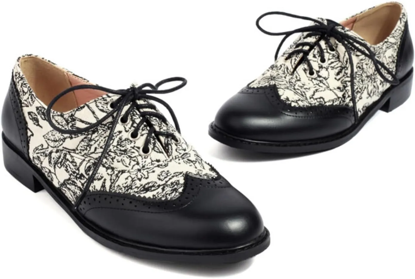 Women's Lace Up Leather Perforated Oxfords Round Toe Patchwork Low Block Chunky Heels Wingtip Brogues Shoes Casual Comfortable Derby Saddle Pumps