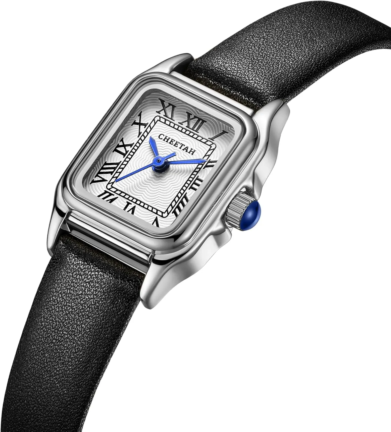 Women’s Leather Strap Watch, with Small Vintage Rectangular Case, Roman Dial