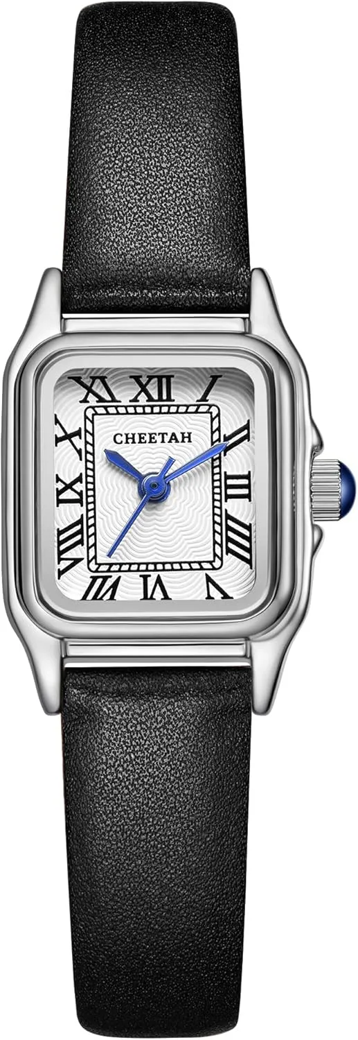 Women’s Leather Strap Watch, with Small Vintage Rectangular Case, Roman Dial