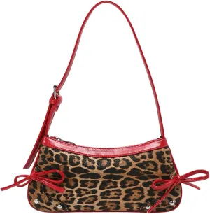 Women's Leopard Print Bow Y2k Shoulder Bag Zipper Studded Underarm Bag Leather Purse