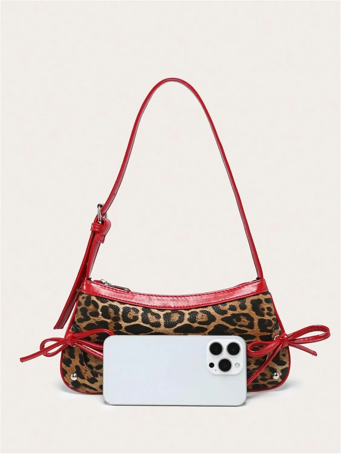Women's Leopard Print Bow Y2k Shoulder Bag Zipper Studded Underarm Bag Leather Purse