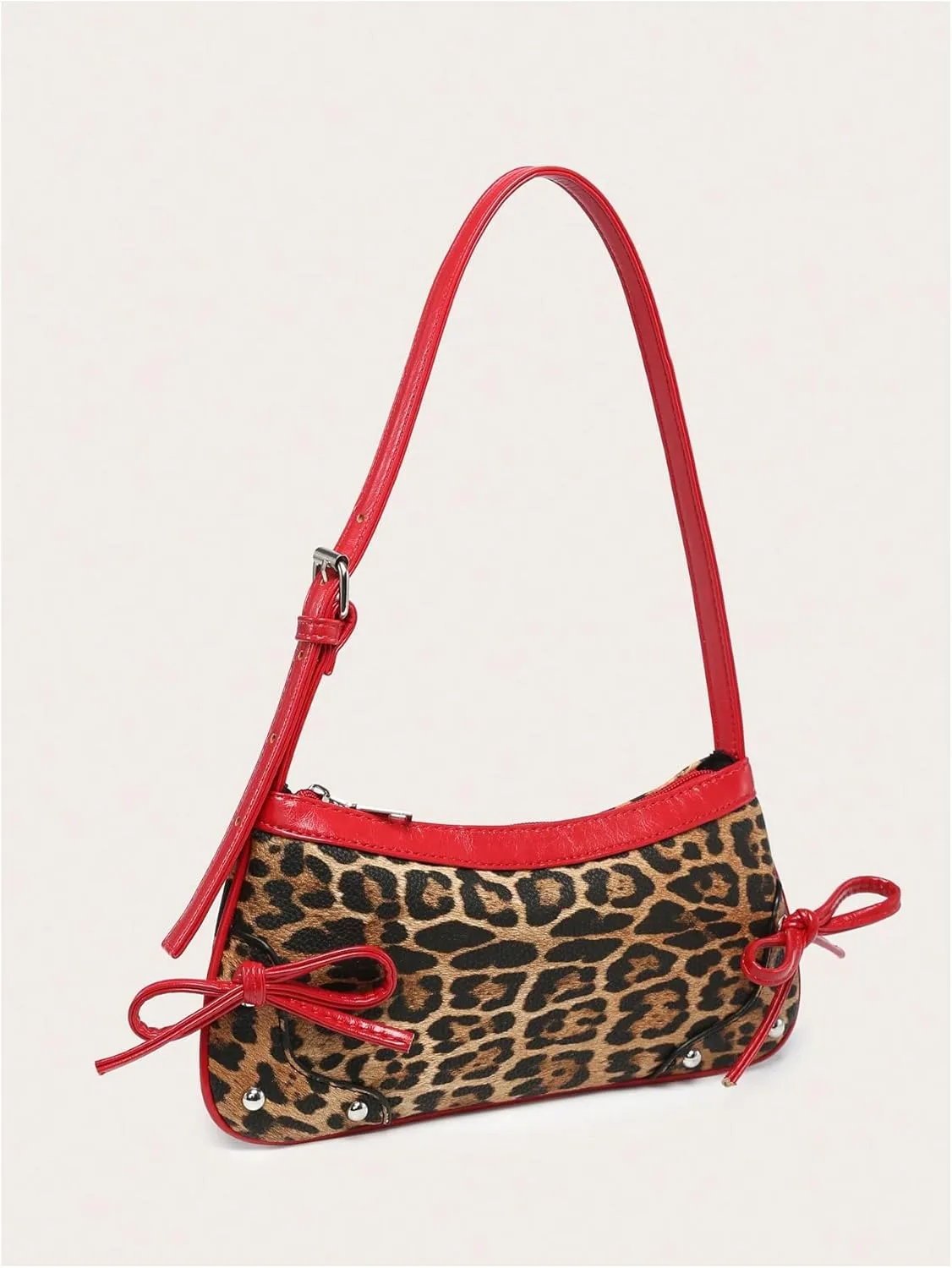Women's Leopard Print Bow Y2k Shoulder Bag Zipper Studded Underarm Bag Leather Purse