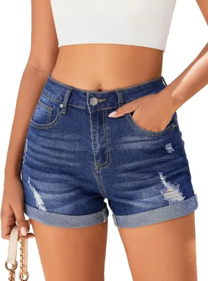 Women's Mid-High Rise Ripped Denim Shorts Stretchy Distressed Jean Shorts with Pockets Folded Hem Casual Summer Jorts