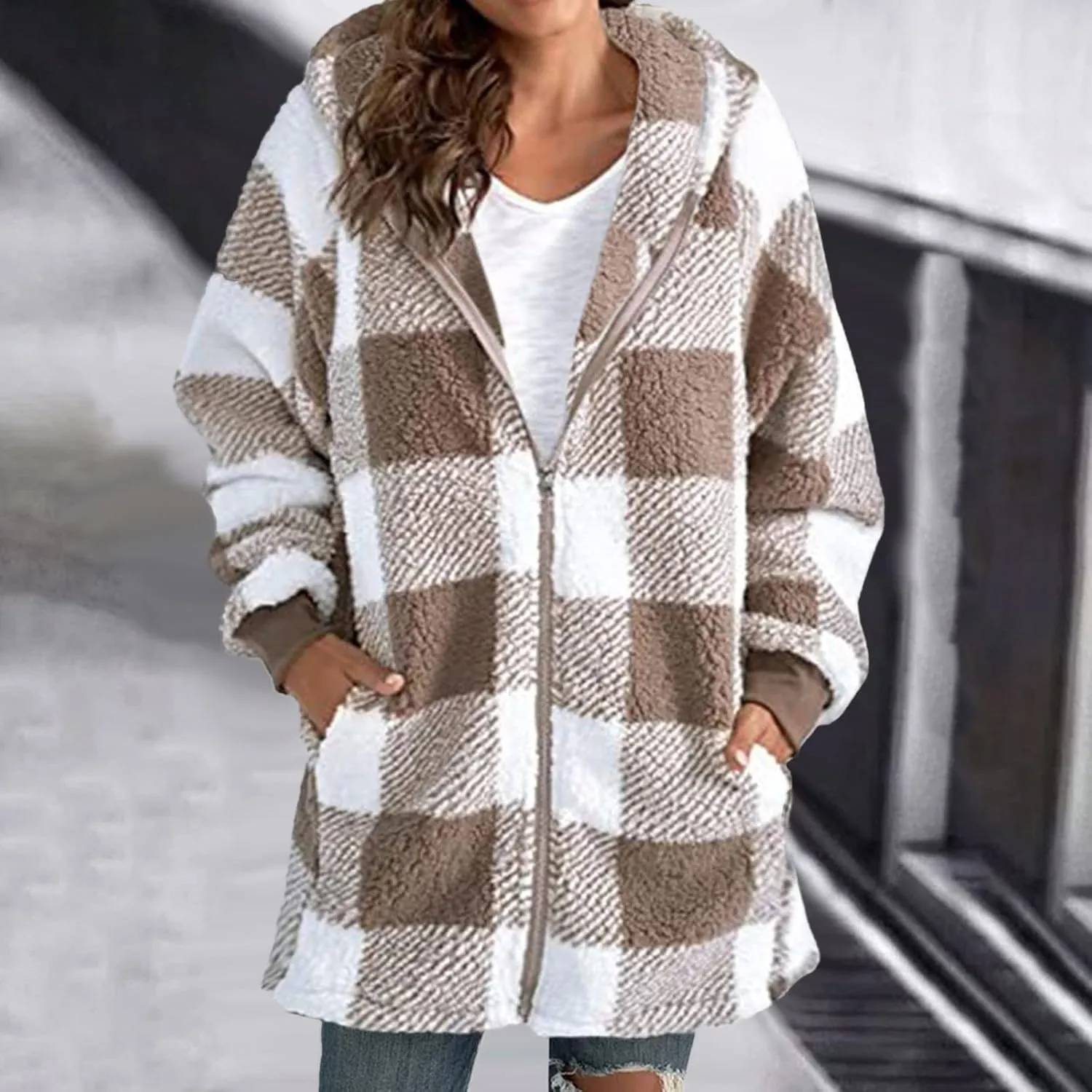 Womens Oversized Sherpa Jacket Fuzzy Fleece Jackets Zip Up Outerwear Teddy Bear Sweater Coats with Hood