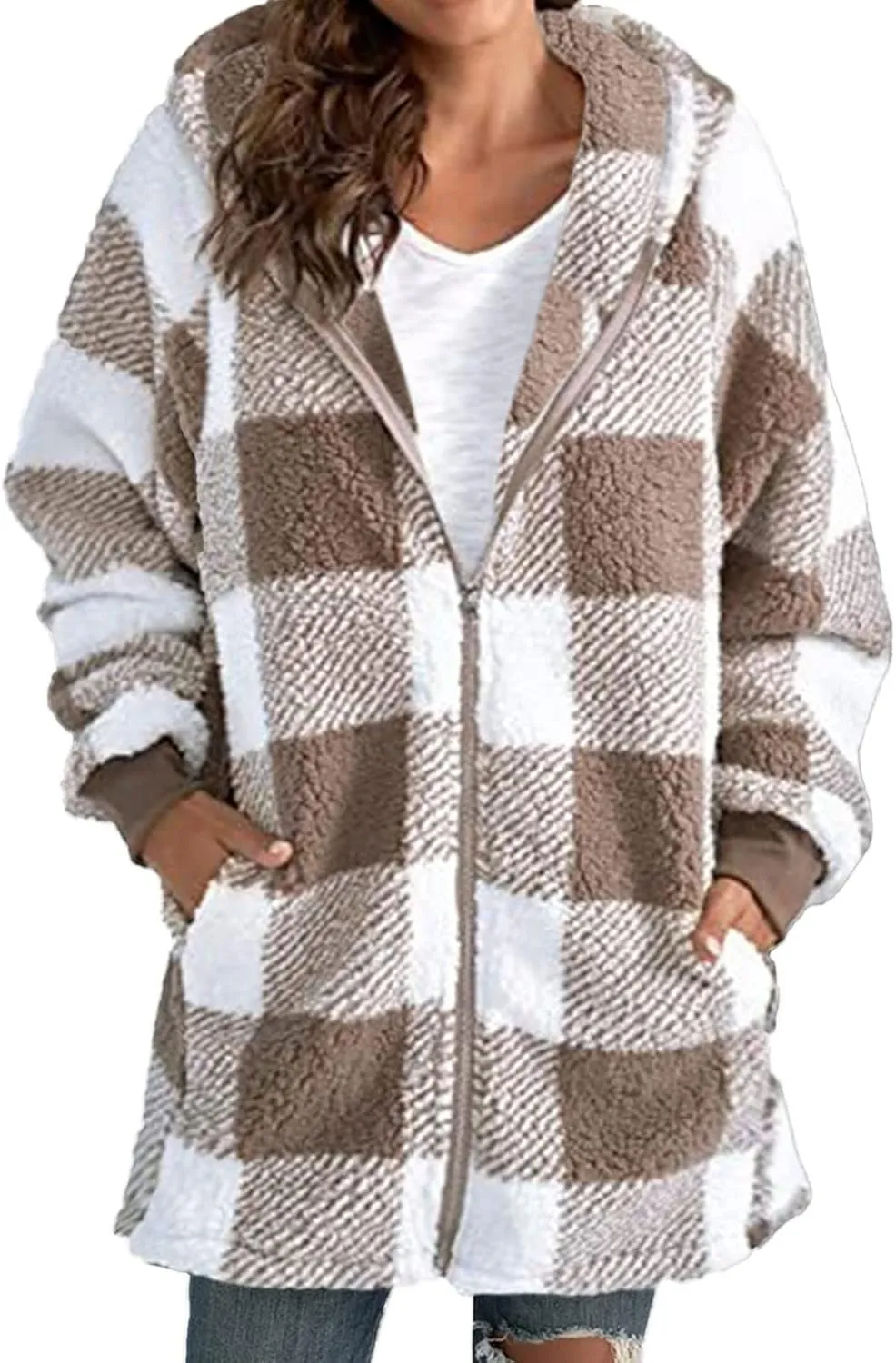 Womens Oversized Sherpa Jacket Fuzzy Fleece Jackets Zip Up Outerwear Teddy Bear Sweater Coats with Hood