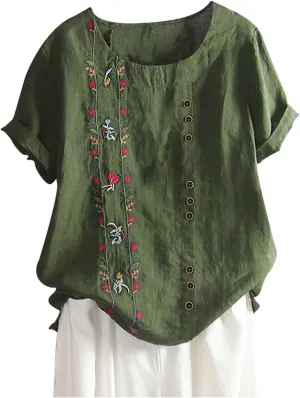 Women's Plus Size Cotton Linen Blouses Embroidered Floral Print Tees Casual Roll Up Short Sleeve Crewneck Tunic Tops